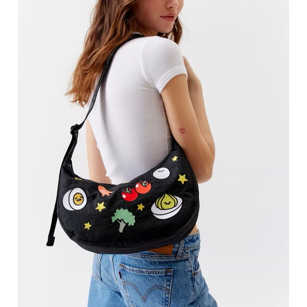 NEW BAGGU x Gudetama Medium Nylon Crescent Bag Embroidered Black Crossbody - Picture 2 of 12